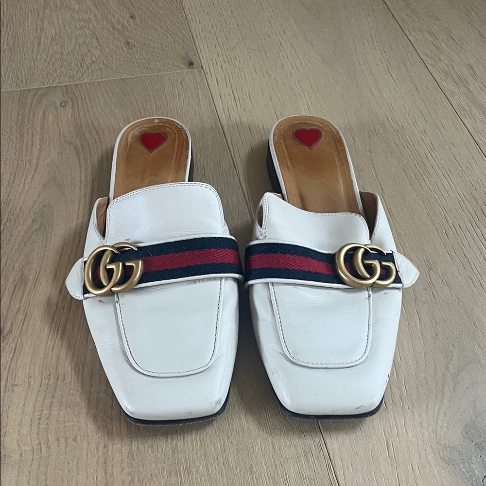 Gucci Princetown White Leather Slide Mules with Red & Navy Web Stripe
